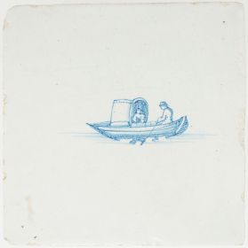 Antique Delft tile with two figures in a boat, 17th century