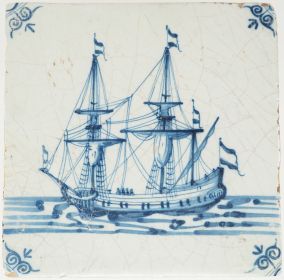 Antique Delft wall tile depicting a Dutch fluyt with crew members on deck, painted in blue with ox-head corner motifs, 17th century