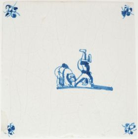 Antique Delft wall tile with two children doing handstands, painted in blue, 17th century