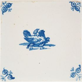 Antique Delft wall tile depicting a hen with several chicks, 17th century