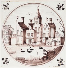 Antique Delft wall tile depicting a castle surrounded by walls, 17th century