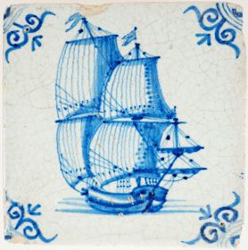 Antique 17th-century Delft tile depicting a blue cargo boat, 17th century