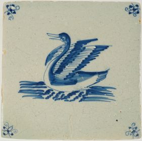 Antique 17th-century Delft tile depicting a blue swan spreading its wings, 17th century