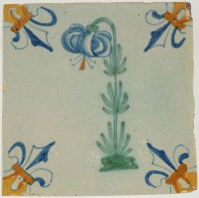 Antique 17th-century Delft tile depicting a Turkish lily, 17th century