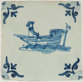 Antique 17th-century Delft tile depicting a man rowing a small boat, 17th century