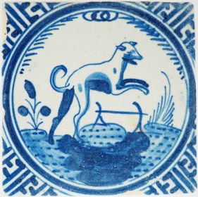 Antique 17th-century Delft crown tile depicting a jumping dog in blue, 17th century