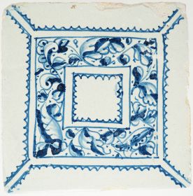 Rare antique 17th-century Delft mirror tile with blue a fogli foliate decoration, 17th century