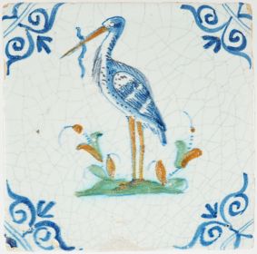 Antique 17th-century polychrome Delft tile depicting a heron, 17th century
