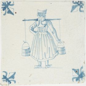 Antique Delft tile depicting a milkmaid carrying two buckets, 17th century