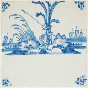 Antique Delft blue tile depicts a shepherd with a tree and ships, 18th century