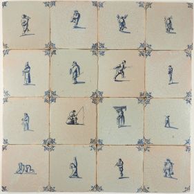 Set of c. 100 original 17th-century Delft tiles depicting Dutch daily life scenes, including musicians, fishermen, and religious figures. 
