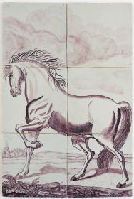 Antique Delft tile mural with a stallion, 19th century