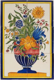 Antique Dutch tile mural with polychrome flower vase, 19th century