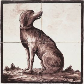 Antique Dutch tile mural depicting a dog, 20th century