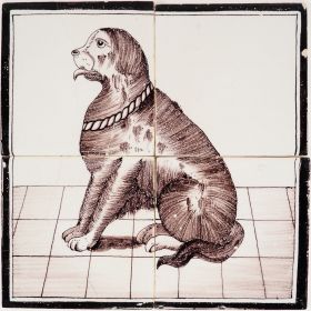 Antique Delft tile mural of a seated dog in manganese on four tiles, Harlingen 19th century