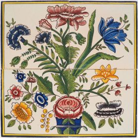 Antique Dutch tile mural with polychrome flower vase, 19th century