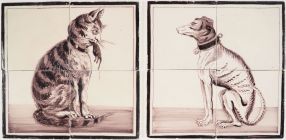 Antique Delft tile murals in manganese with a cat & dog, 19th century