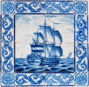 Antique Delft tile mural by Tjallingii, Harlingen, depicting a Dutch merchant vessel, possibly a fluyt, with original blue decorative border, 19th century