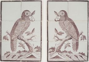 Antique Delft tile mural with parrots holding berries in its beak, 19th century 