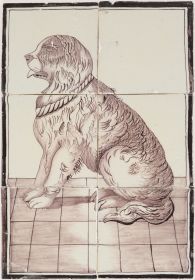 Antique Delft tile mural with seated dog – Barend Visser Harlingen 19th century