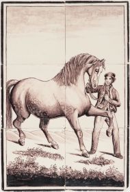 Antique Delft tile mural depicting a farmer leading a powerful workhorse, painted in manganese, Utrecht, 19th century