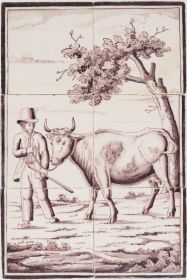 Antique Delft tile mural depicting a farmer leading a dairy cow, painted in manganese by the Utrecht pottery Agter 't Weystraat, 19th century (circa 1840 ).