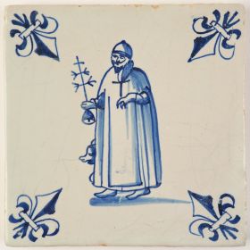 Antique Delft Biblical tile in blue depicting Anthony the Great with pig and hermits staff, 17th century