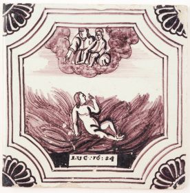 Antique Delft Biblical tile depicting Luke 16 verse 24, 19th century