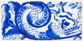 Antique Delft border tile with hares jumping through a garland of flowers, 19th century