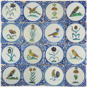 Antique Delft wall tiles with polychrome flowers, animals and insects with Wanli corner motifs, 17th century