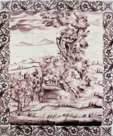 Antique Delft tile mural depicting Jesus and the Samaritan woman, 18th century