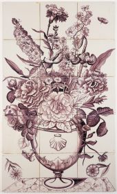 Antique Delft tile mural with a richly decorated flower vase in manganese and a cable cord border, 18th century
