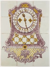Antique polychrome Delft tile mural with a console clock, 18th century Rotterdam