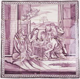 Antique Delft tile mural depicting baby jesus in the manger, 18th century