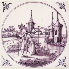 Antique Delft tile with a couple walking in a fine painted Dutch landscape scene, 18th century