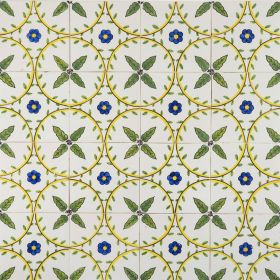 Antique Delft ornament wall tiles with polychrome flowers and leaves, 19th century
