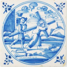 Antique Delft tile depicting Jesus carrying his cross, 18th century 