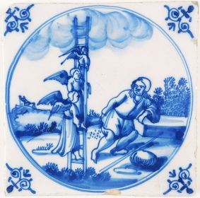 Antique Delft Biblical tile depicting Jacob's Ladder, 18th century