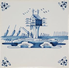 Hand-painted Delft tiles with landscapes and spider curl corner motifs, painted in blue P-10