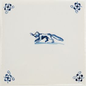 Hand-painted Delft tile sample with animals and spider corner motif, painted in blue