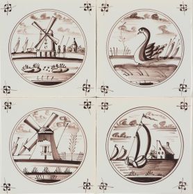 Hand-painted Delft tiles with landscapes in a circle - P-11 - painted in manganese on Poarte E - Photo 3