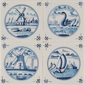 Hand-painted Delft tiles with landscapes in blue - Poarte P-11 series / 4 tiles