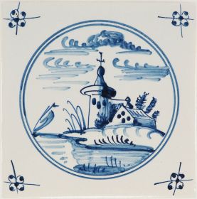 Hand-painted Delft tiles with Landscapes in circle frame sample, hand painted in blue, decorated with spider corner motifs
