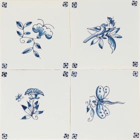 Hand-painted Delft tiles with small flowers, decorated with spider corner motifs and enhanced with pinholes - painted on Poarte E base shade