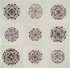 Hand-painted Delft tiles with roses in manganese- Poarte P-12 series / 9 tiles