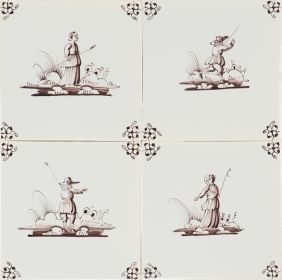 hand-painted Delft tiles with shepherds in manganese P-14 photo 2