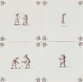 Hand-painted Delft tiles with child's play scenes in blue - Poarte P-15 series / 4 tiles
