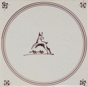 Hand-painted Delft tiles sample with Springer in circle frame, P-17, decorated with spider corner motif and enhanced with pinholes and a crackled finish