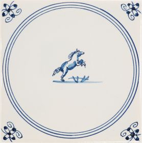 Hand-painted Delft tile sample with spiringer in circle frame, decorated with spider curl corner motif and enhanced with pinholes.