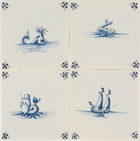 Hand-painted Delft tiles with sea life in blue - Poarte P-18 series / 4 tiles